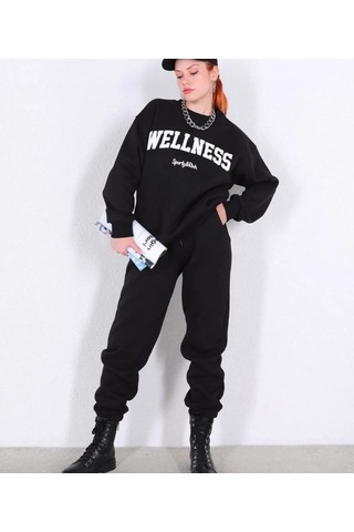 Unisex Oversize Wellness Baskılı Bisiklet Yaka Siyah Sweatshirt Siyah