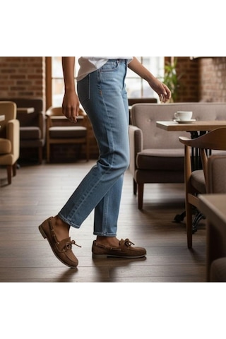 Ne&ve Shoes Taba Süet Hakiki Deri Bağcıklı Makosen Kadın Kolej Loafer