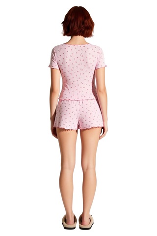 Ersefa Kadın Çiçekli V Yaka Kısa Kollu Şortlu Pijama Takımı Fonksiyonel Pembe