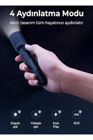 Philips SFL6168 20W 1000 Lümen Şarj Edilebilir LED El Feneri Siyah | Optik Zoom, 3 Işık Modlu (350MT Menzil, IP44 Su Geçirmez) | Ramwhite Türkiye Garantili Siyah