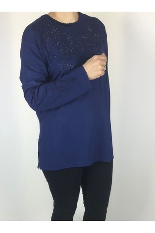 Kadın Likralı Turlu Viskon Büyük Beden Yaka Ve Kolağzı Taşlı Ve İşlemeli Bluz Mavi