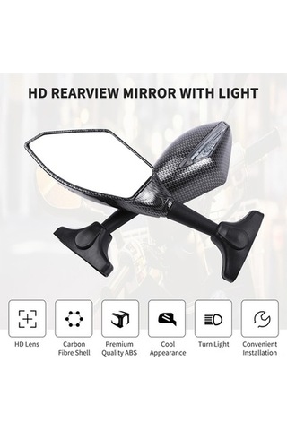 Pazly Genel Motosiklet Yan Aynaları - Led Aydınlatmalı, Karbon Desenli, Düz Ayna, Abs Malzeme