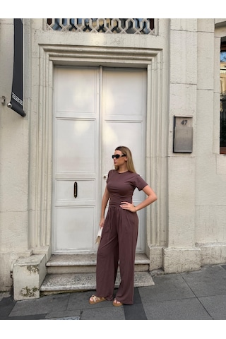 Bonacosa Kadın Viskon 3 Lü Takım Kimono + Beli Lastikli Salaş Pantolon + Kısa Kol Tshirt 8 Renk Kahverengi