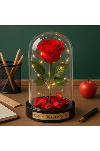 Sevgiliye Eşe Öğretmenler Gününe Anlam Katan Özel Fanusta Led Işıklı Canım Öğretmenim Hediye Biblosu
