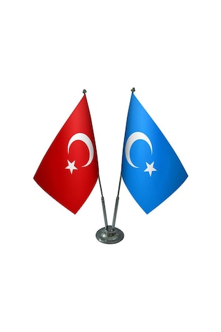 Masa Üstü Doğu Türkistan Bayrağı Türk Bayrağı İkili Krom Direk Ma