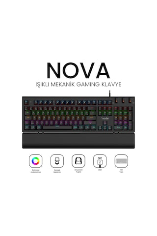 Nova Mk104 Rainbow Bilek Destekli Türkçe Fullanti-ghosting Mekanik Oyuncu Klavyesi Siyah Blue Switch