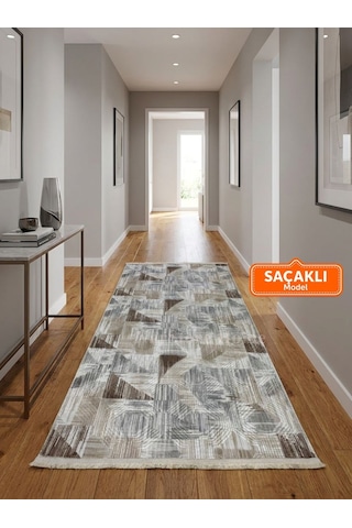 Dinar Saçaklı Gri Kahve Kaymaz Taban Yıkanabilir Kesme Yolluk Halı Modern Desen Kahverengi