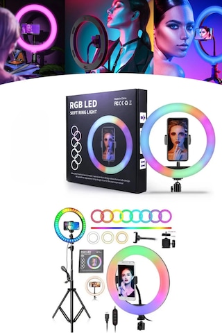 Rgb Işıklı 26 Cm 10 İnç Çok Renkli Led Ring Light 2.1m Tripot Youtube Tiktok Make Up Çekim Işığı
