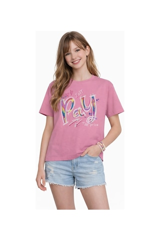 Irem Kız Çocuk Pay Price Yazı Desenli Crop Model Oversize Kalıp Pembe Renk Kısa Kollu Tişört