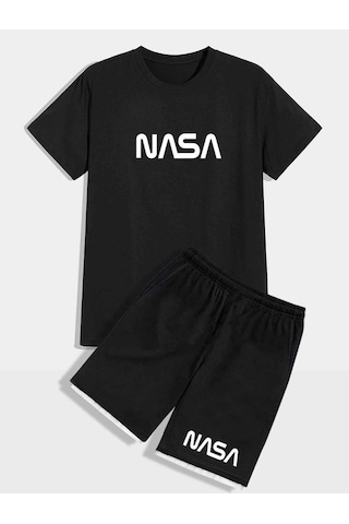 Nasa T-shirt Şort - Siyah Alt Üst Kombin Şort Tişört Takım Baskılı Oversize Bisiklet Yaka Siyah