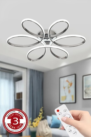 Ransom 3 Renk Kumandalı Plafonyer Led Avize Krom Büyük Salon Papatya Led