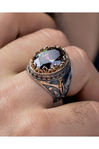 Gümüş Erkek Yüzük Mistik Topaz Taşlı (485244926)