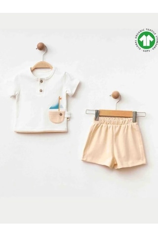 Zekids Erkek Bebek Organik Pamuklu Gemi Baskılı T-shirt Şortlu Takım-15912 renkli