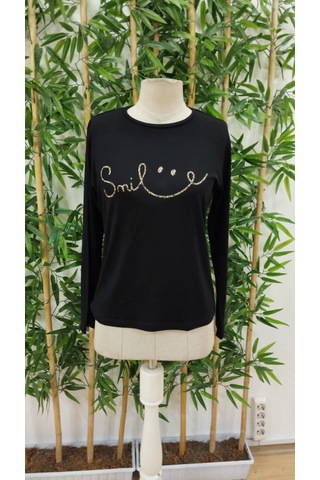 Nnstartshopping Kadın Uzun Kollu Bisiklet Yaka Gülümseyen Surat Desenli Viskon Bluz Siyah