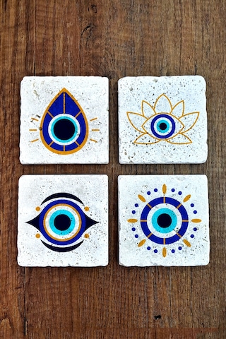 Doğal Taş Bardak Altlığı 4'lü Set 10x10x1 Cm Nazar Boncuğu Desenli - Evileye Stone Coasters Çok Renkli