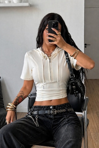 Tarz Cool Kapüşonlu Crop Tişört Fermuarlı Kısa Kollu Kadın Üst Body Beyaz