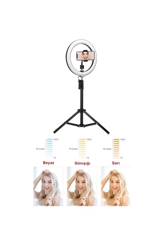 10 Inç Ring Light 3 Renk Işıklı Youtuber Led Işıklı 2.1 Metre Tripod Selfie Makyaj Işığı Çok Renkli