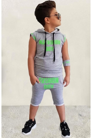 Riccotarz Erkek Çocuk Fashıon Boy Yazı Baskılı Kapişonlu Kolsuz Sweatshirt Gri Şortlu Takım 001
