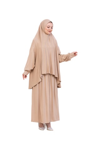 Modish Group İki Parça Namaz Elbisesi Uzun Pamuklu Tesettür Giyim Abaya & Başörtüsü Set Koyu Vizon