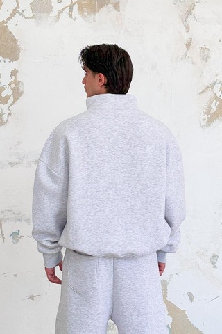 Gri Melanj Cozy Basic Yarım Fermuar Oversize Sweatshirt Gri Melanj