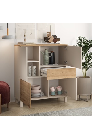 Robin Home Urban Çok Amaçlı Dolap Ahşap Ayaklı 4 Kapaklı Çekmeceli Kumsal-sepet Bej