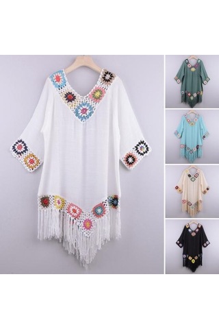 Yeşil Bikini Cover Up Hollow Out Tığ İşi Patchwork Yaz Gevşek Oturan Güneş Koruma Mayo Tunik Plaj İçin Yeşil