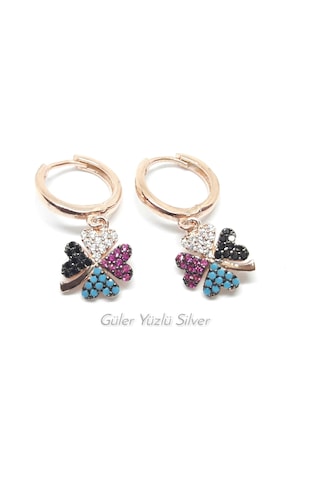 Renkli Yonca Gümüş Halka Küpe - Rose Bakır Beyaz