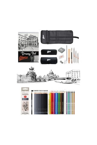 Eskiz Defteri St.petersburg Dereceli Kalem Metalik Fosforlu Sulu Kuruboya Kalemi Çantalı Eskiz Set