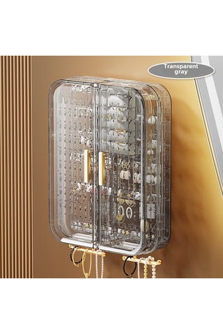 Siyah Ve Gri Duvara Monte Küpe Ve Kolye Saklama Rafı, Şeffaf Plastik A