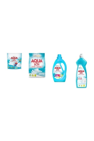 Aquabor Doğal Mineralli Tablet + 4 Kg Beyaz + Sıvı Renkliler + Elde Bulaşık 4 Lü Set