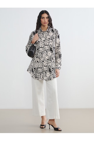 Lcw Modest Siyah Desenli Oversize Kadın Gömlek Tunik