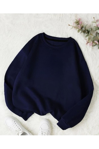 Basic Düz Sweatshirt - Lacivert Oversize Kışlık Kalın Bisiklet Yaka Lacivert