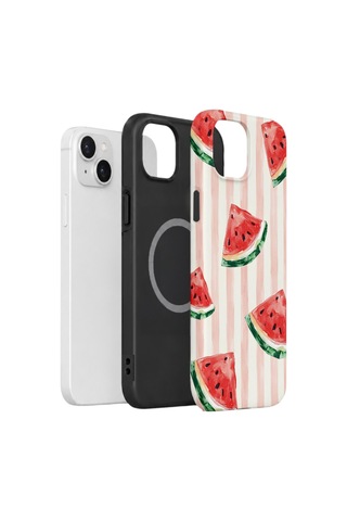 Apple iPhone Uyumlu 13 Vorian Çift Katmanlı Magsafe Kılıf Watermelon Blush Stripe