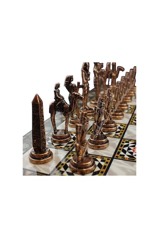 Metal Mısır Satranç Takımı Antik Ve Katlanır Sedef Desenli Mdf Ah