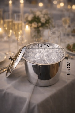 Kapaklı Termoslu Buz Kovası - Kulplu Paslanmaz Çelik Ice Bucket Gri