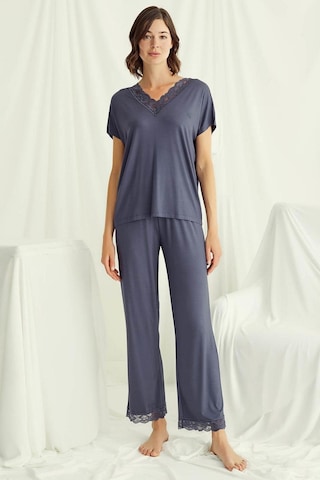 Monamise 18484 Kadın V Yaka Kısa Kollu Pijama Takımı-lacivert Lacivert