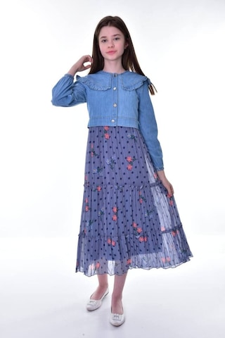 Kız Çocuk Kot Bolerolu Astarlı Şifon Uzun Çiçekli Elbise Koyu Mavi