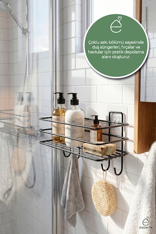 Yapışkanlı Askılı Banyo Rafı Metal Siyah Duş Şampuanlık Organizer Delmeden Montaj Raf