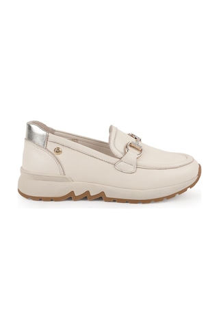 Mamma Mia Kadın Günlük Ayakkabı Hakiki Deri Işıltılı Taşlı Metal Aksesuarlı Kalın Taban Loafer Sneaker 26y-3975 Krem-altın