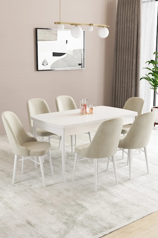 Familieconcept Almira Serisi, Beyaz 80x132 Açılabilir Mdf Mutfak Masası Takımı 6 Adet Sandalye Krem