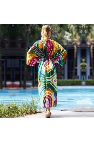 Edolynsa Yeşil Leopar Desenli Mayo Cover-up Vintage Şerit Kendinden Kemerli Kadın Yaz Uzun Kimono Elbise Plaj Bikini Cover-up Q1521 Mor