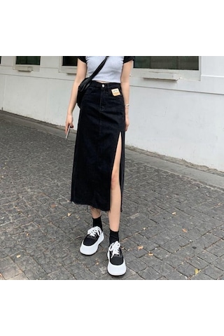 Yaz Kadın Kot Etek Klasik Açık Mavi Yüksek Bel Günlük Kot Bayan Kot Etek Siyah