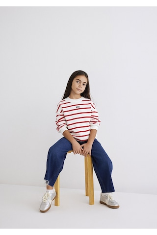 Mavi - Mavi Logo Baskılı Kırmızı Çizgili Sweatshirt 7s10038-82054 Kırmızı