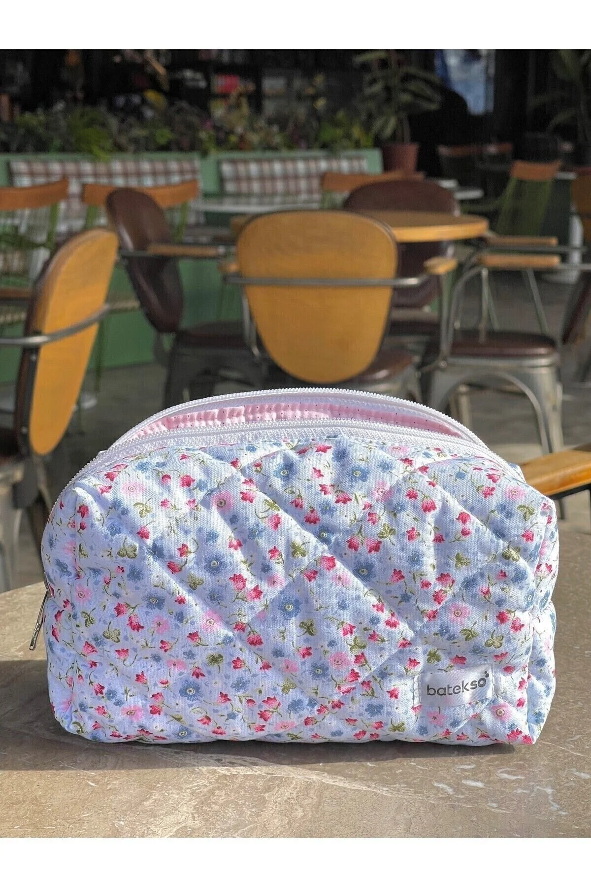 Batekso Çıtır Çiçek Desenli Makyaj Çantası - Büyük Boy