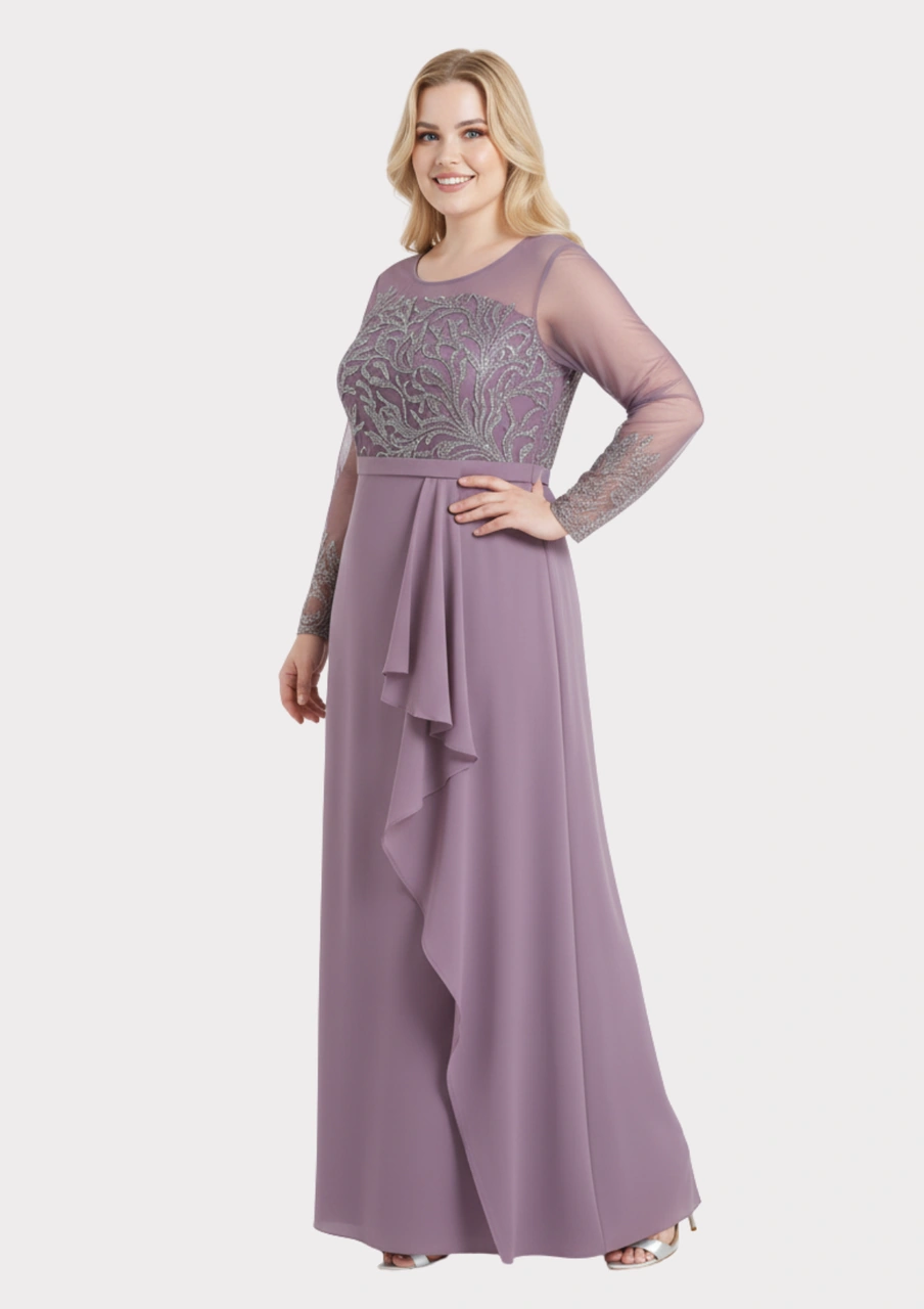 Lilas Xxl Büyük Beden Glitter Baskı Fırfırlı Lavanta Renkli Abiye Elbise Lavanta