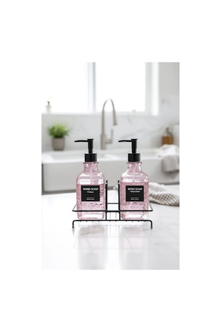 Makri Home Modern Kabartma Desenli Cam İkili Sıvı Sabunluk & Deterjanlık Seti, Pembe- 500 Ml Cam Sabunluk Pembe