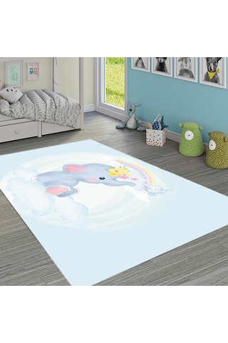 Kaymaz Tabanlı Ince Yıkanabilir Çocuk Halısı Fil Bulut Çok Renkli