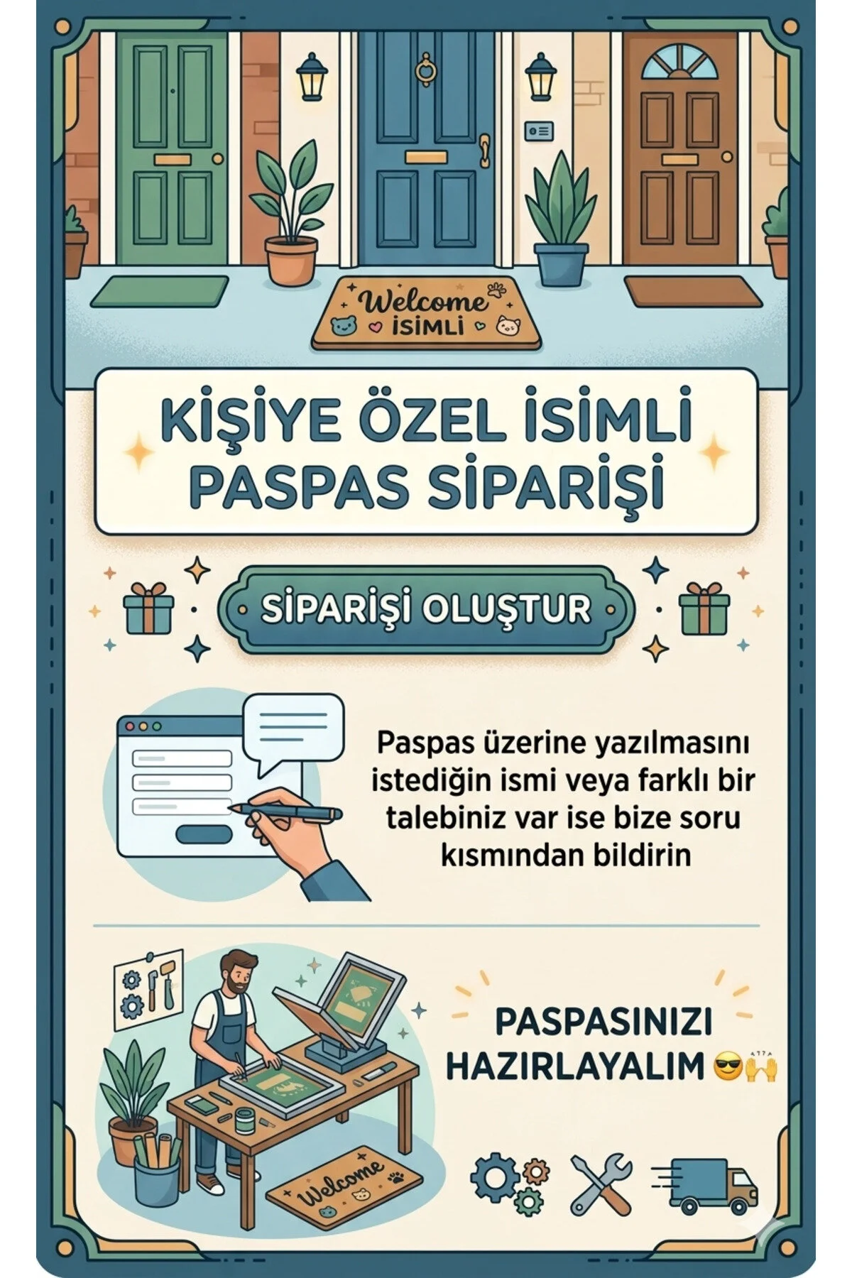 İsme Özel Baskı - Çocuk Odası Kapı Önü Paspası - Dijital Baskı Açık Sarı