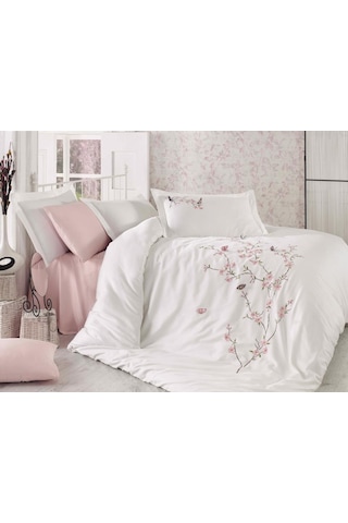 Butterfly 3d Nakışlı Pamuk Saten Nevresim Takımı Krem Pudra Krem - Pudra