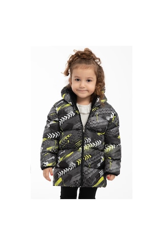 Kız Çocuk Sarı Siyah Dijital Desen Içi Polar Su Ve Rüzgar Geçirmez Kapüşonlu Şişme Kışlık Mont Sarı - Siyah